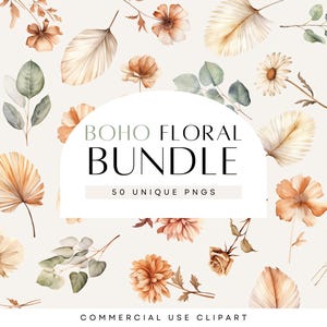 Clipart Boho en terre cuite, clipart aquarelle floral, verdure d'eucalyptus, fleurs séchées, mariage Boho, PNG Transparent, usage Commercial