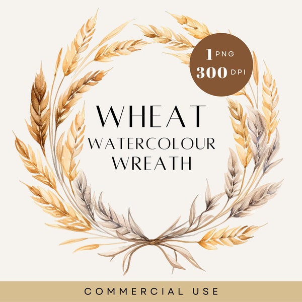 Watercolor Clipart Wheat, Floral Autumn Wreath Clipart Fall, Rustic, Boho Wreaths, Neutral, Transparent PNG, Single Image, Commercial Use