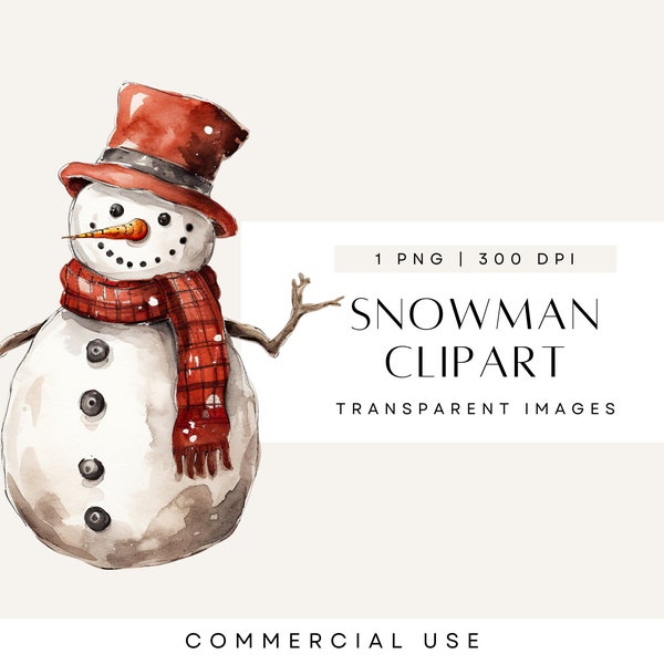 Watercolor Christmas Snowman Clipart, Cute Snowmen Family Clip Art, Neutral Watercolor, Red Scarf, Boho, Transparent PNG, Commercial Use