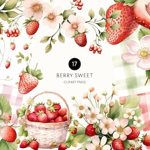 Strawberry Baby Shower Clipart, Berry Sweet Baby on the Way Invite, Strawberry Watercolor Invitation, Commercial Use, Transparent PNG