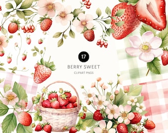 Clipart de baby shower de fresa, invitación de bebé en camino con bayas, invitación de acuarela de fresa, uso comercial, PNG transparente