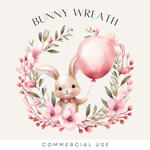 Ostern Baby Shower Clipart, Aquarell Blumenkranz, rosa Osterhase, Kaninchen mit Ballon, Einzelbild, kommerzielle Nutzung, transparent