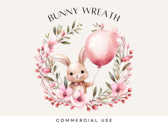 Easter Baby Shower Clipart, Watercolor Floral Wreath, Pink Easter Bunny, Bunny Holding Balloon, Single Image, Commercial Use, Transparent