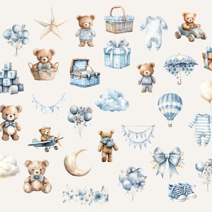 May include: Watercolor illustrations of baby shower decorations in blue and brown. The illustrations include teddy bears, balloons, a hot air balloon, a star, a cloud, a moon, a gift box, a picnic basket, a baby onesie, a toy car, a toy airplane, a bow, a banner, and blocks that spell "B-T-T".