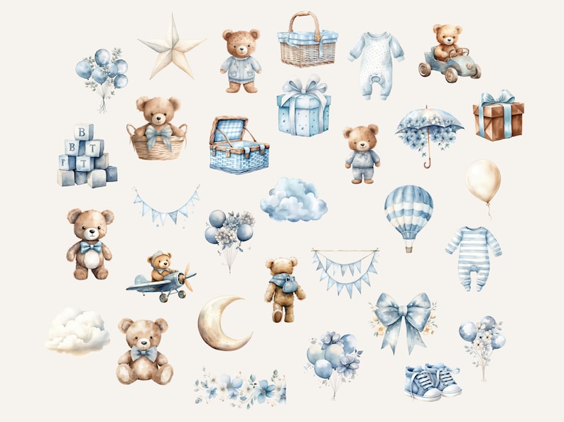 May include: Watercolor illustrations of baby shower decorations in blue and brown. The illustrations include teddy bears, balloons, a hot air balloon, a star, a cloud, a moon, a gift box, a picnic basket, a baby onesie, a toy car, a toy airplane, a bow, a banner, and blocks that spell "B-T-T".