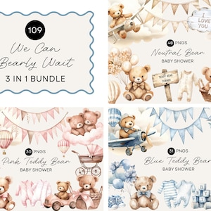We Can Bearly Wait Clipart, Baby Shower Invitation Art, Watercolor Teddy Bear, Teddies, Balloons, Pink, Blue, Gender Neutral, Commercial Use image 1