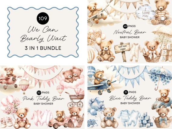 We Can Bearly Wait Clipart, Baby Shower Invitation Art, Watercolor Teddy Bear, Teddies, Balloons, Pink, Blue, Gender Neutral, Commercial Use