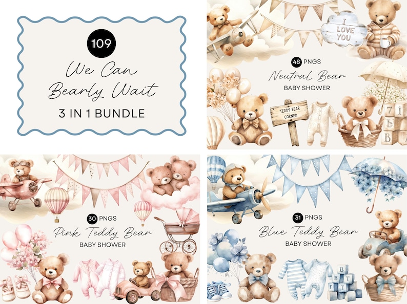 We Can Bearly Wait Clipart, Baby Shower Invitation Art, Watercolor Teddy Bear, Teddies, Balloons, Pink, Blue, Gender Neutral, Commercial Use image 1