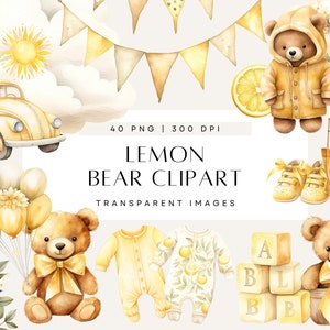 Aquarel teddybeer clip art clipart pack, citroengele babyshower, genderneutraal decor, clipart voor commercieel gebruik, transparante png