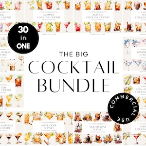 Bundle de cliparts aquarelle cocktail, cocktail de mariage PNG, boissons signature, carte de cocktails pour elle et lui, PNG transparent, usage Commercial