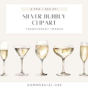Clipart Cocktail Argento, Clipart Bicchieri Champagne, Clipart Celebrazione Oro, Bevande Occasionali Acquerello, PNG Trasparente, Uso Commerciale