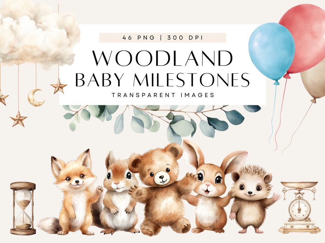 Woodland Theme Baby Shower Clipart, Baby Milestones, Boho Animal Clip