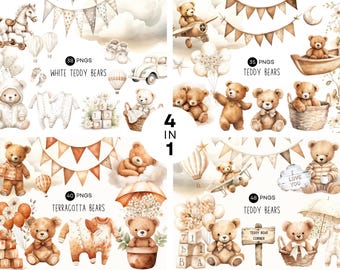 Watercolor Teddy Bear Clipart Bundle, Neutral Boho Nursery, Cute Baby Shower Download, Bear Hot Air Balloon Commercial Use, Transparent PNG