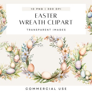 Paquete de imágenes prediseñadas de coronas de Pascua, Feliz Pascua, Imágenes prediseñadas de acuarela, Corona de huevos pastel, Corona floral de arcoíris, Uso comercial, PNG transparente