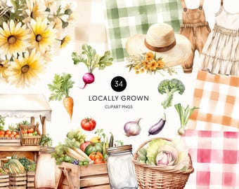 Locally Grown Baby Shower, Watercolor Farmers Market Clipart, Harvest Clip Art, Locally Grown Baby Decor, Commercial Use, Transparent PNG