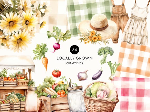 Locally Grown Baby Shower, Watercolor Farmers Market Clipart, Harvest Clip Art, Locally Grown Baby Decor, Commercial Use, Transparent PNG