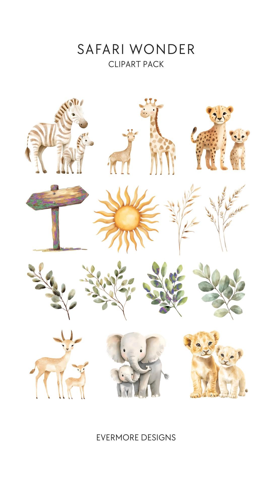Safari Baby Shower Clip Art | Watercolor Jungle Animals PNG Neutral ...