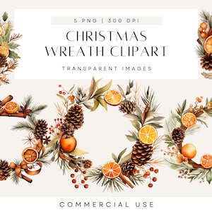 Clipart ghirlanda di Natale, Clip Art di agrumi, Arancia secca, Fogliame invernale, Matrimonio boho, Pigna, Boho, Uso commerciale, PNG trasparente