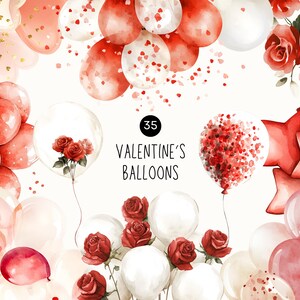 Valentine’s Balloons Clipart | Red Balloon Bunch & Arch, Watercolor Bows, Ribbons, Roses, Confetti, Hearts, Stars, Commercial Use Elements