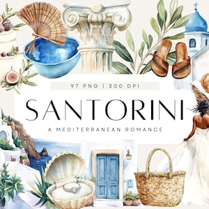 Clipart été italien, illustrations de mariage à Santorin, esthétique grecque méditerranéenne, verdure florale, décoration côtière bohème, usage commercial