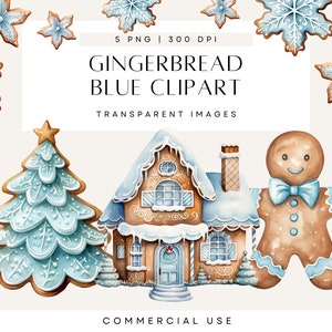 Clipart di omino di pan di zenzero blu, Clipart di casa di pan di zenzero pastello, alberi di Natale acquerellati, fiocchi di neve, PNG trasparenti, uso commerciale