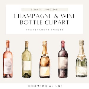 Clipart di bottiglie di vino, bottiglie di champagne, clipart di celebrazione, matrimonio ad acquerello, festa, PNG trasparente, uso commerciale, licenza inclusa