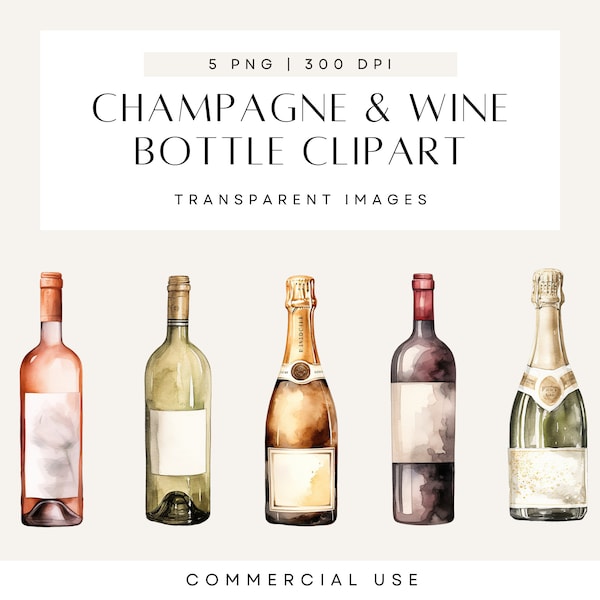 Wine Bottle Clipart, Champagne Bottles, Celebration Clip Art, Watercolor Wedding, Party, Transparent PNG, Commercial Use, License Included