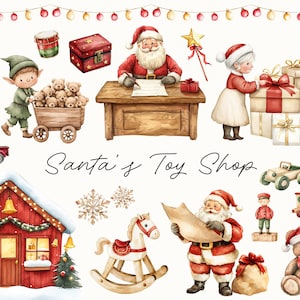 Pode incluir: Ilustração em aquarela da loja de brinquedos do Papai Noel com vários elementos natalinos. Inclui o Papai Noel, um elfo, uma casa vermelha, brinquedos e presentes embrulhados. O texto "Santa's Toy Shop" também está presente.