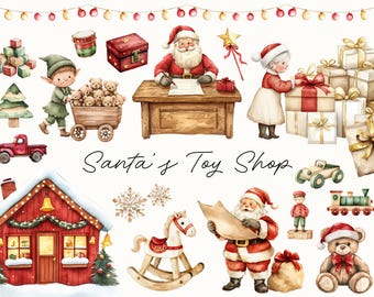 May include: Watercolor illustration of Santa's Toy Shop with various Christmas-themed elements. Includes Santa Claus, an elf, a red house, toys, and wrapped gifts. The text "Santa's Toy Shop" is also present.