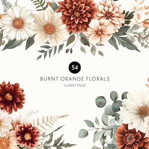 Burnt Orange Autumn Clipart – Rust & Cream Florals, Sage Leaves, Wedding Bouquets PNG