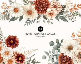 Burnt Orange Autumn Clipart – Rust & Cream Florals, Sage Leaves, Wedding Bouquets PNG