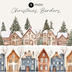 Borde de clipart de casa navideña, hogar acogedor de acuarela, patrón sin costuras, pegatinas digitales navideñas, uso comercial, PNG transparente
