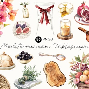 Op de afbeelding: Waterverfillustraties van mediterrane taferelementen, waaronder vijgen, granaatappels, kaas, een kaars en een fruitmand. De afbeelding bevat ook een witte stoel met een bordeauxrood lint en de tekst "86 PNGS Mediterranean Tablescape."