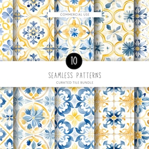 Mediterranean Tile Clipart, Spanish Tiles, Blue Yellow Greece Repeating Pattern, Seamless Paper, Texture Pack, Santorini Wallpaper
