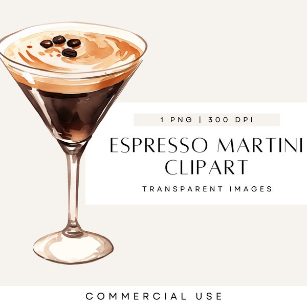 Espresso Martini Watercolor Clipart, Coffee Liqueur Cocktail, Signature Drink, Martinis, Digital Cocktails, Single PNG, Commercial Use