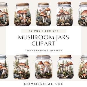 Clipart de pot de champignons, champignons, clipart Mason Jar, forêt enchantée, aquarelle neutre, champignon vénéneux, PNG transparent, usage Commercial