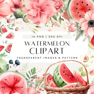 Clipart pastèque, invitation de fruits tropicaux, Invitation de fruits aquarelle, clipart rose et vert, usage Commercial, PNG transparent