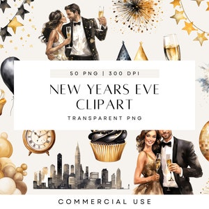 Clipart nouvel an, joyeux réveillon, clipart fête, bouteilles de champagne, ballons, horloge, étoile, portrait, usage commercial, PNG transparent