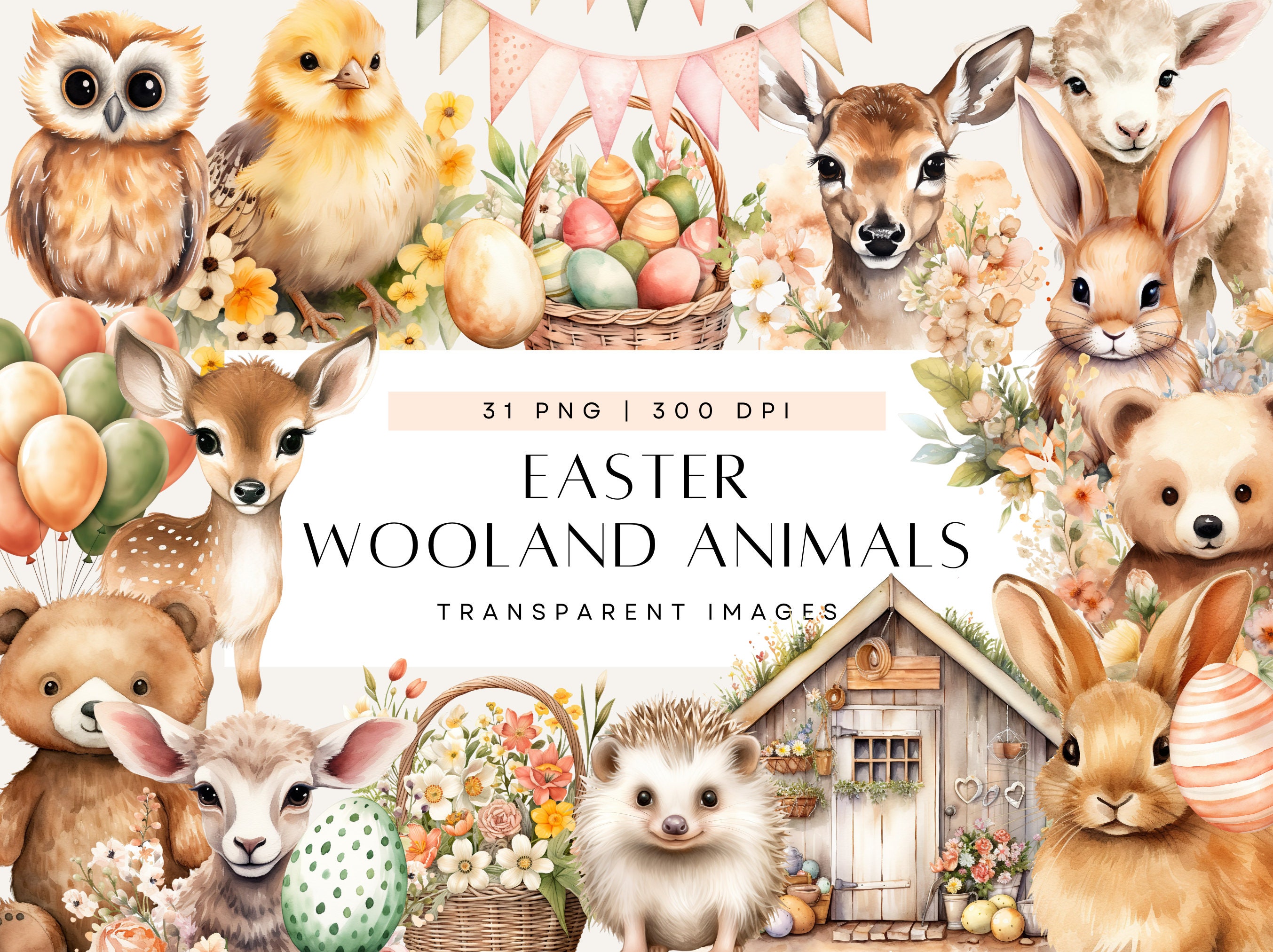 Easter Woodland Animal Clipart, Nursery Wall Art, Boho Watercolor Clip ...