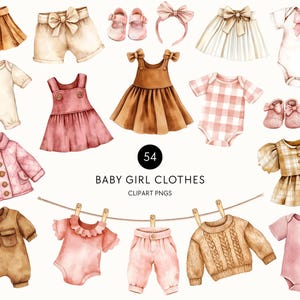 クリップアート水彩画ベビーガール物干しロープ - ベビーシャワー服、新生児女の子衣装、透明なボヘミアン物干しロープバンドル、商用利用可