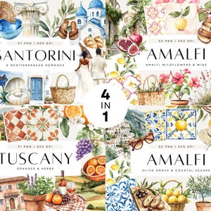 Clipe de casamento italiano, Pacote de verão italiano, Costa Amalfitana, Toscana, Santorini, Aquarela mediterrânea, Decoração costeira boho, Uso comercial