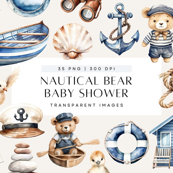 Sailor Teddy Bear Clipart, Nautical Nursery Clip Art, First Birthday, Under The Sea, Boy Baby Shower, Commercial Use, Transparent PNG