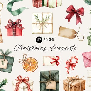 Kerstcadeaus clipart – Aquarel cadeaus, strikken, linten, labels en feestelijke PNG's