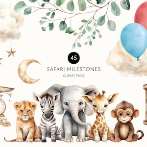 Baby Milestone Clipart, Boho Safari Animal Clip Art, Elephant With Balloon, Safari Theme Baby Shower Bundle, Commercial Use, Transparent PNG