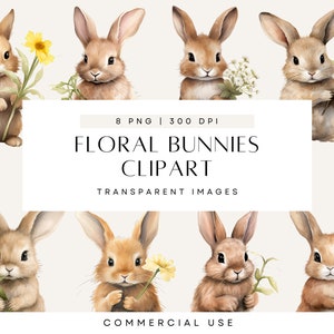 Hasen mit Blumen Clipart, Aquarell Blumen Baby Häschen, Kinderzimmer Frühling Clipart, Osterhase, Wandkunst, kommerzielle Nutzung, transparente PNG
