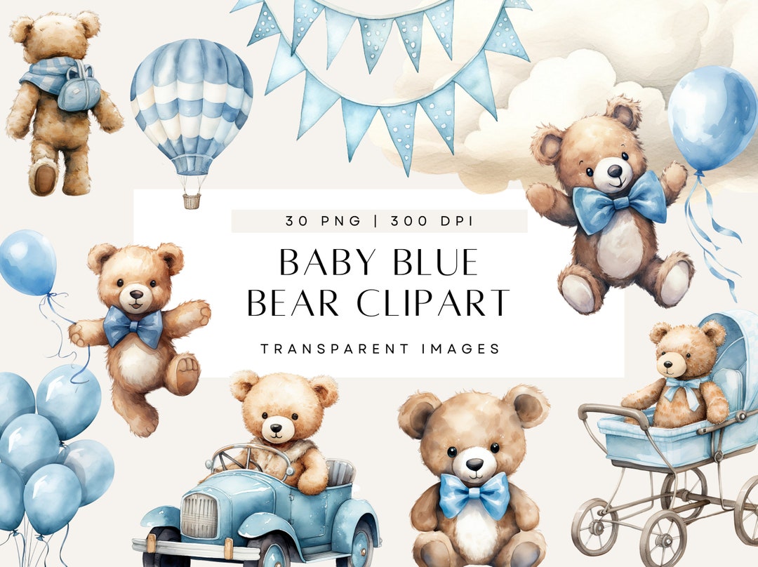 Watercolor Teddy Bear Clip Art Clipart Pack, Baby Shower for a Boy ...