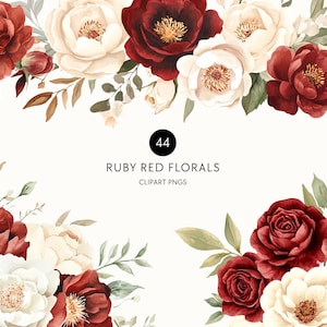 Ruby Flower Clipart – Red & Cream Roses, Peonies, Bouquets, Wreaths and Borders PNGs