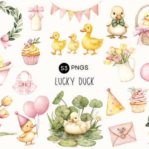 One Lucky Duck-clipart | Geel en roze eendje, babyshower schattige eenden, eerste verjaardag meisje, commercieel gebruik, digitale stickers, png