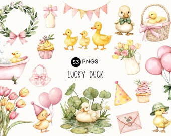 One Lucky Duck Clipart | Yellow & Pink Duckling, Adorable Ducks Baby Shower, Girl First Birthday, Commercial Use, Digital Stickers PNG