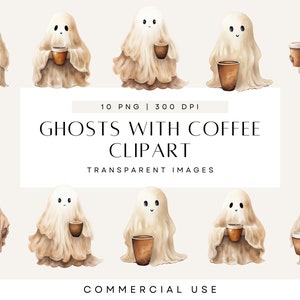 Fantasma com café clipart, clipart de Halloween, clipart de bebida em aquarela, caneca de café assustadora, amante de café, estética de café, aquarela neutra
